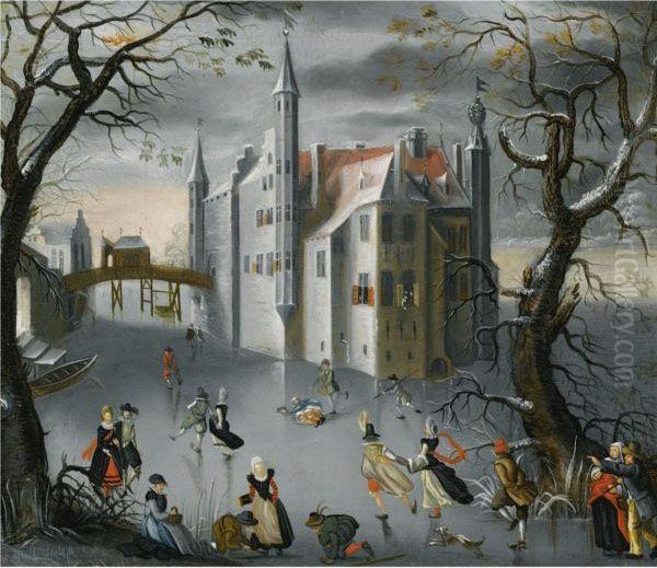 A Winter Landscape With Elegant Figures Skating On A Frozen Moatnear A Castle Oil Painting by David Vinckboons