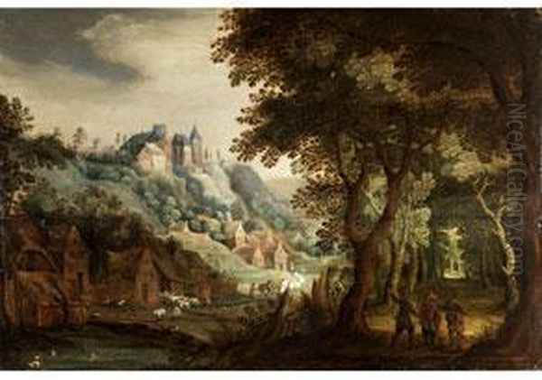 Landschaft Mit Waldrand, Dorf
 Und Burg Auf Einer Anhohe Oil Painting by David Vinckboons