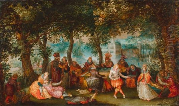 Fete Champetre - Courtly Company Playing Music In The Open Air. Oil Painting by David Vinckboons