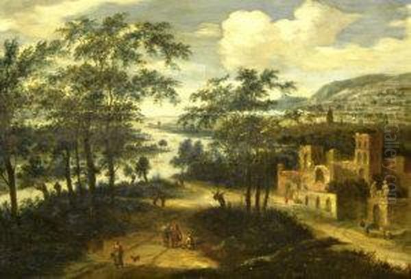 River Landscape With Figures On A Path By A Ruin Oil Painting by David Vinckboons