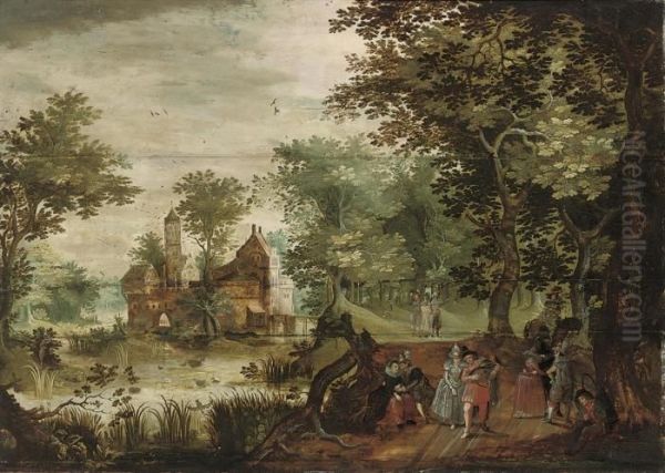 A Wooded River Landscape With Elegant Company, A Castlebeyond Oil Painting by David Vinckboons