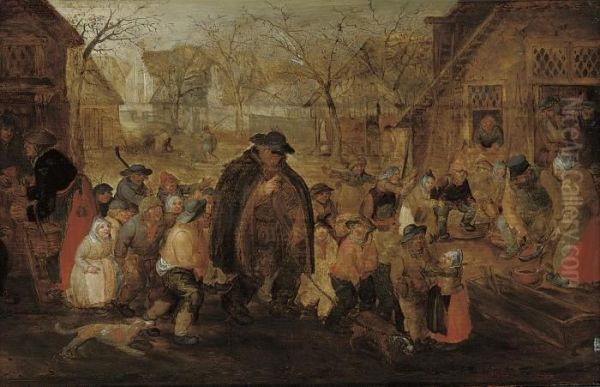 A Village Street With A Blind Hurdy-gurdy Player Surrounded Bychildren Oil Painting by David Vinckboons