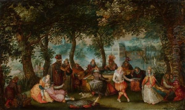 Fete Champetre - Courtly Company Playing Music In The Openair. Oil Painting by David Vinckboons