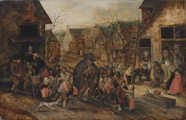 A Village Street With A Blind Hurdy-gurdy Player Surrounded Bychildren Oil Painting by David Vinckboons