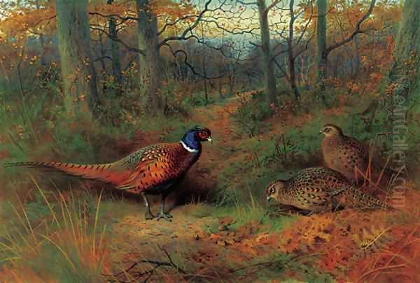 On the ride A cock and two hen pheasant in autumn Oil Painting by Archibald Thorburn