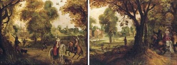 A Wooded Landscape With A 
Hawking Party, A Village Beyond; And A Wooded Landscape With A Hawking 
Party Returning To A Village Oil Painting by David Vinckboons