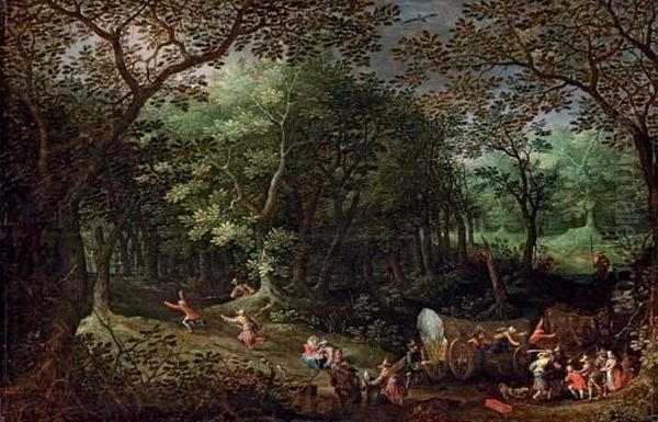 A Wooded Landscape With Bandits Attacking Travellers In Wagons Oil Painting by David Vinckboons