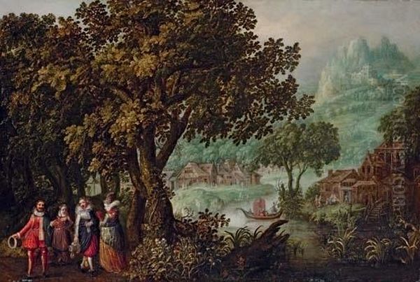 Elegant Company In A Wooded Landscape, With A Town On A Hill Beyond Oil Painting by David Vinckboons