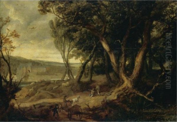 Landscape With A Waggoner, A 
Shepherd Resting His Flock And Other Figures Before The Chateau De 
Tervueren Oil Painting by David Vinckboons