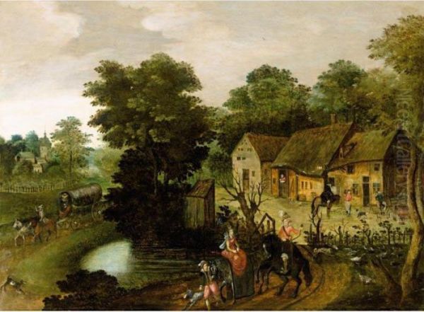 A Village Scene With A Hunting Party In The Foreground Oil Painting by David Vinckboons