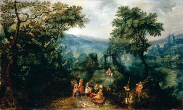 An Extensive Landscape With 
Elegant Figures Shooting And Promenading Beside A River, A Village And 
Chteau Beyond Oil Painting by David Vinckboons