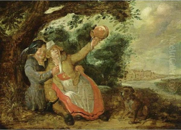 An Amorous Couple Drinking Under
 A Tree In A Landscape Together With A Dog, A View Of A River And A Town
 Beyond Oil Painting by David Vinckboons