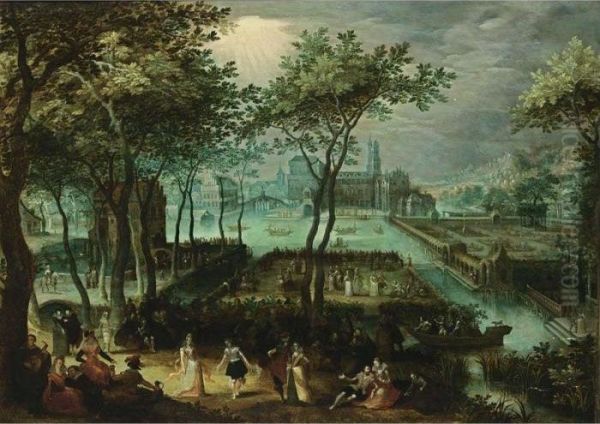 An Extensive View Of A Palace 
Garden With Elegant Figures Dancing And Making Music In The Foreground 
And Boats On Moats, With The Palace And Bridges In The Background Oil Painting by David Vinckboons