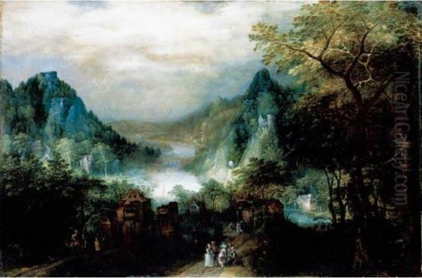 A Mountainous River Landscape With Elegant Figures On The Approaches To A Village Oil Painting by David Vinckboons