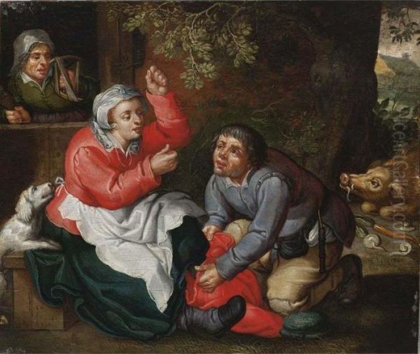 A Peasant Couple Together With A Pig And A Dog Near A House With A Spinster In A Door Oil Painting by David Vinckboons