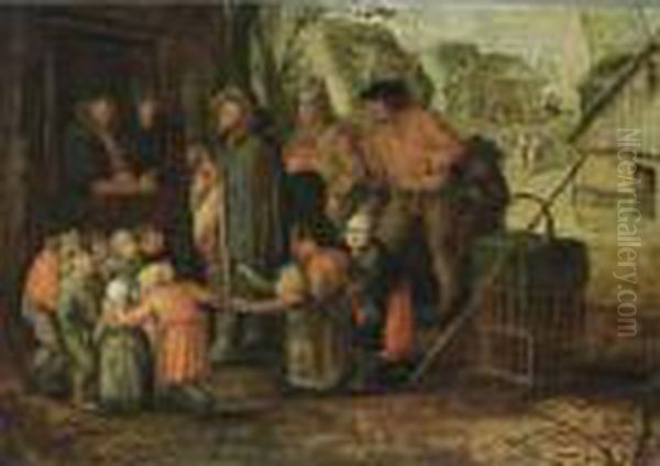 A Blind Hurdy-gurdy Player 
Surrounded By Children And Peasants Near A Door, With A Man Being 
Pick-pocketed, A Village Street In The Background Oil Painting by David Vinckboons