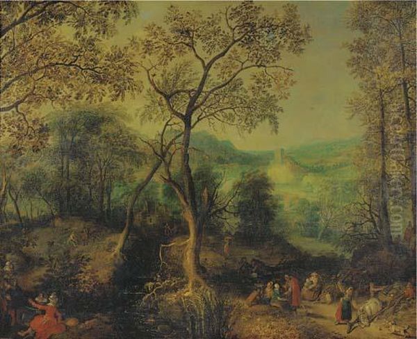 A Wooded Landscape With Peasants
 Returning From A Market And An Elegant Couple Making Merry Nearby Oil Painting by David Vinckboons