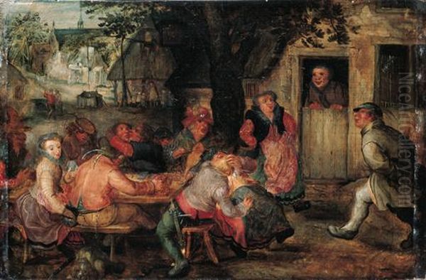 Boors Merrymaking Outside An Inn Oil Painting by David Vinckboons