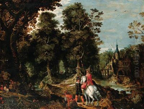 A Wooded River Landscape With Sportsmen Near A Castle Oil Painting by David Vinckboons