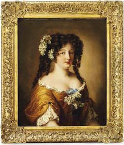 Portrait Of Diane Gabrielle De 
Thianges Mancini (?-1715),bust-length, In An Ochre Silk Dress With 
Flowers In Her Hair Oil Painting by Jacob Ferdinand Voet