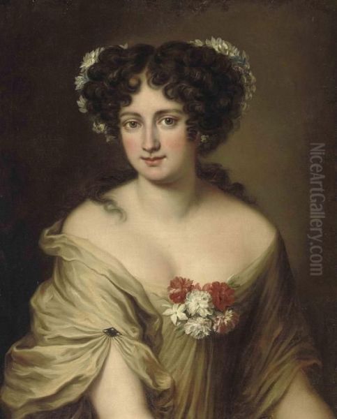 Portrait Of Contessa Ortensia 
Ianni Stella, Bust-length, In Anivory Chemise, With Flowers In Her Hair Oil Painting by Jacob Ferdinand Voet