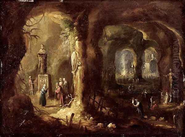 Grotto with Statues and Numerous Figures Worshipping Idols St Simeon Stylites, c.1640 Oil Painting by Rombout Van Troyen