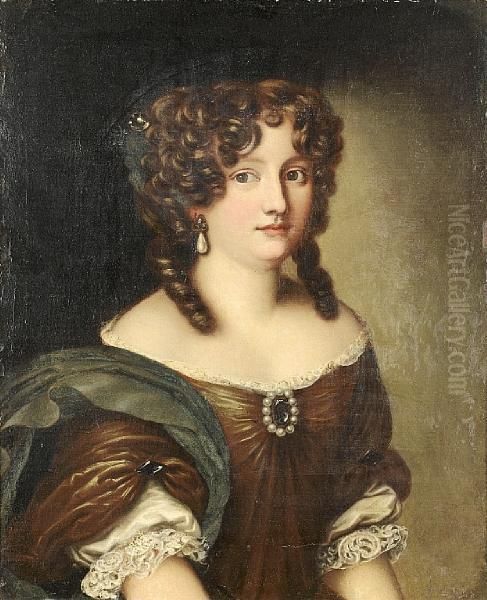 Portrait Of A Lady, Half-length, In A Brown Dress, A Blue Wrap And A Pearl Brooch Oil Painting by Jacob Ferdinand Voet