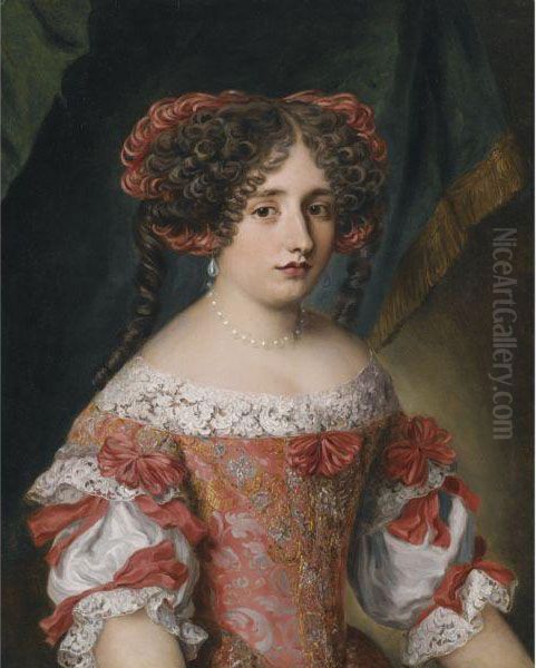 Portrait Of A Young Woman In Half Length, Wearing A Pinklace-trimmed Dress Oil Painting by Jacob Ferdinand Voet