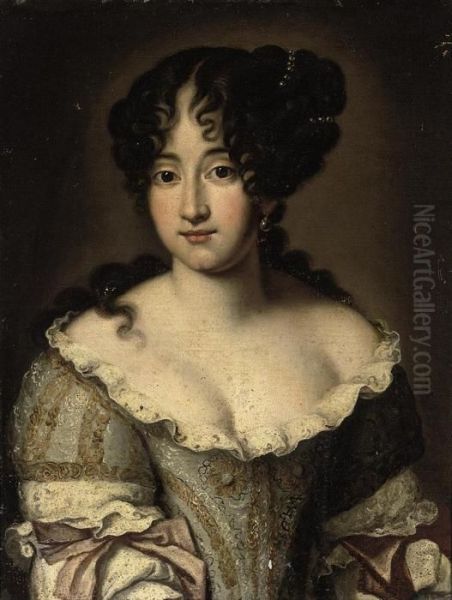 Portrait Of A Lady, Half-length,
 In An Embroidered Pale Blue Andwhite Dress With Lace Trimming Oil Painting by Jacob Ferdinand Voet