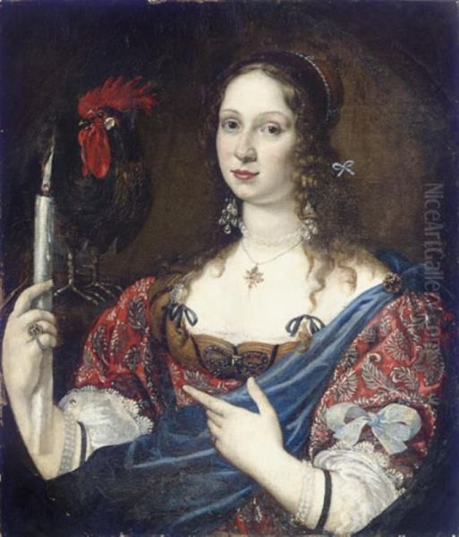 Portrait Of A Lady Holding A Candle, A Rooster Nearby Oil Painting by Jacob Ferdinand Voet