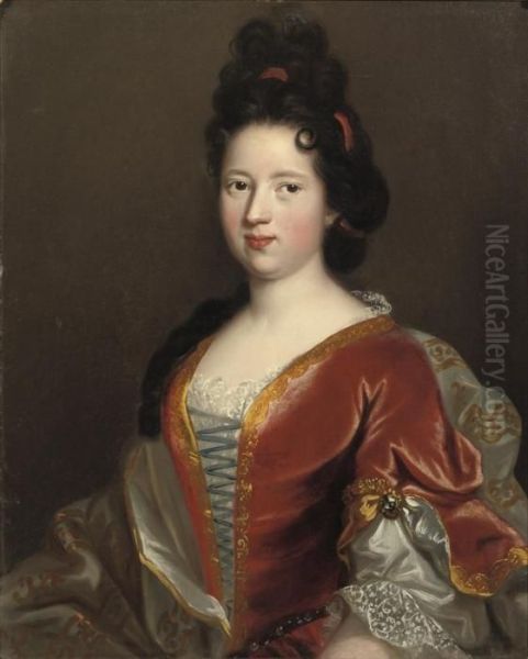 Portrait Of A Young Lady, 
Half-length, In A Gold Embroidered Redvelvet Dress And White Chemise Oil Painting by Jacob Ferdinand Voet