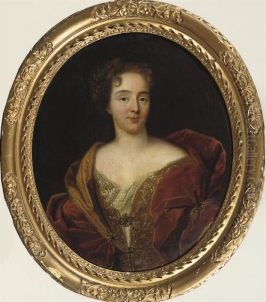 Portrait Of A Lady, Half-length, In An Embroidered Red Velvet Dressand A Lace Chemise Oil Painting by Jacob Ferdinand Voet