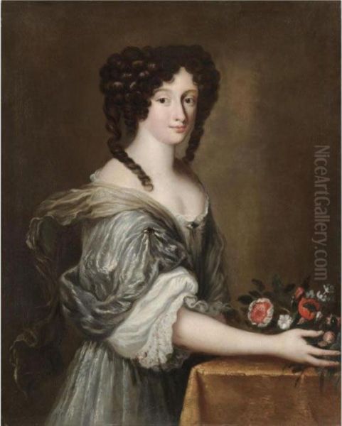 Portrait Of A Lady, Half Length,
 Wearing A White Silk Dress And Holding A Bouquet Of Flowers Oil Painting by Jacob Ferdinand Voet