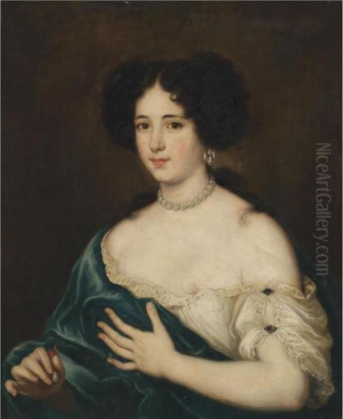 Portrait Of A Lady, Half Length,
 Holding An Earring And Revealing Her Left Breast, Possibly Maria 
Mancini As Cleopatra (?) Oil Painting by Jacob Ferdinand Voet