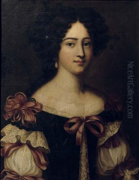 Portrait Of A Lady, Said To Be 
One Of The Mancini Sisters, Half-length, In A Blue Dress With A White 
Chemise, Decorated Wit Red Ribbons Oil Painting by Jacob Ferdinand Voet