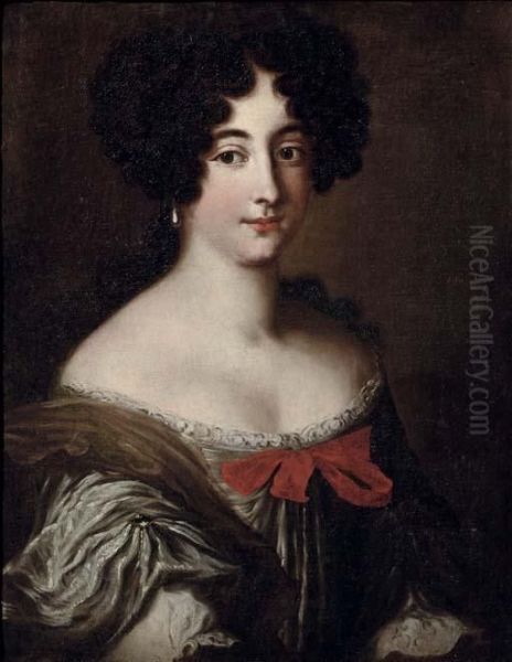 Portrait Of A Lady, Said To Be 
One Of The Mancini Sisters, Half-length, In A Silver Dress With A Brown 
Wrap, Decorated With A Red Ribbon Oil Painting by Jacob Ferdinand Voet