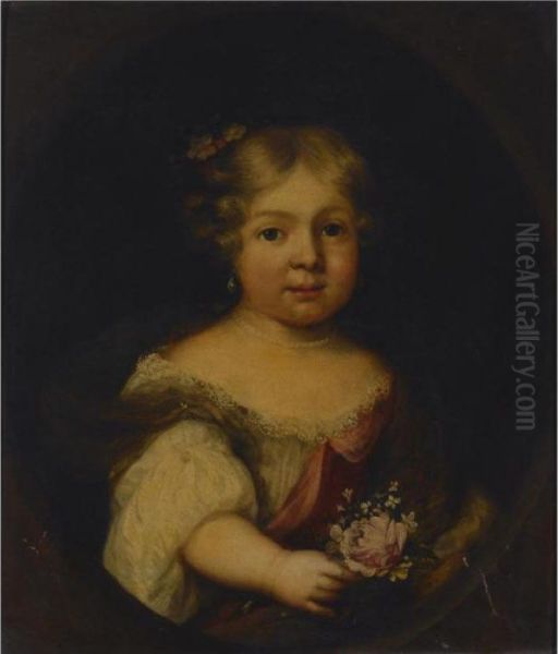 A Portrait Of A Young Girl, Half
 Length, Wearing A White And Red Dress, Holding Flowers, In A Painted 
Oval Oil Painting by Jacob Ferdinand Voet