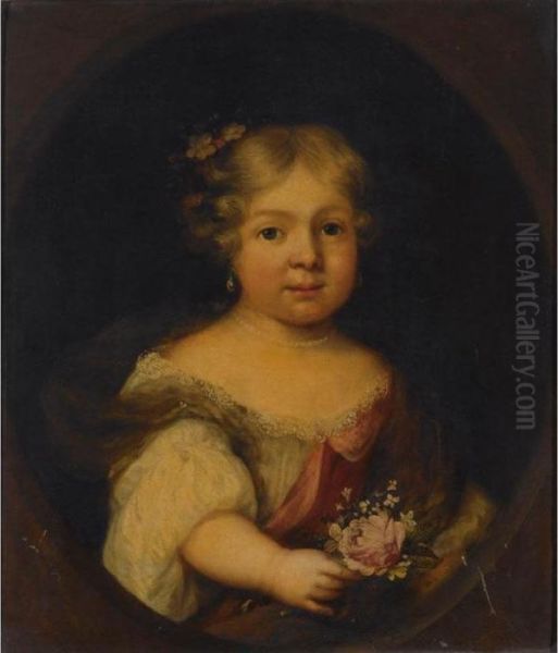 A Portrait Of A Young Girl, Half
 Length, Wearing A White And Red Dress, Holding Flowers, In A Painted 
Oval Oil Painting by Jacob Ferdinand Voet