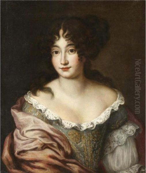 Portrait Of Lady, Half Length, Wearing A Richly Embroidered Dress And A Pink Shawl Oil Painting by Jacob Ferdinand Voet