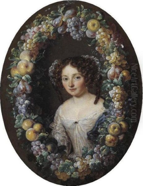 Portrait Of A Lady, Half Length, Framed By A Wreath Of Grapes, Apples And Plums Oil Painting by Jacob Ferdinand Voet