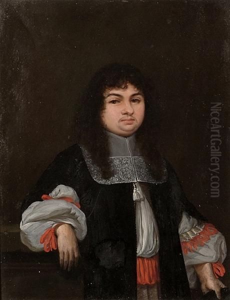 Portrait Of A Gentleman Three Quarter Length Wearing A Black Coat With A Lace Collar. Oil Painting by Jacob Ferdinand Voet