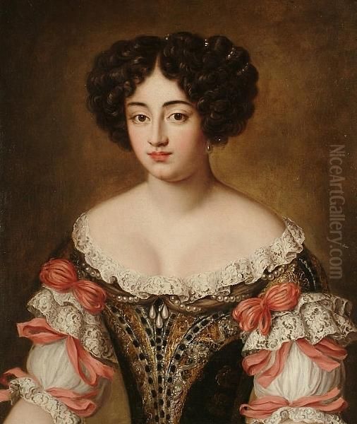 Portrait Of Maria Mancini, 
Bust-length, In A Brown Embroidered Dress With Lace Trim And Pink Bows Oil Painting by Jacob Ferdinand Voet