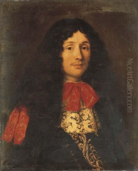 Portrait Of A Gentleman, 
Bust-length, In A Black And Goldembroidered Coat With White Lace Collar 
And Red Ribbon Oil Painting by Jacob Ferdinand Voet