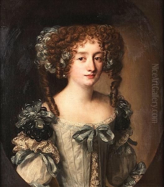 Portrait Of Hortense Mancini, 
Duchess Of Mazarin, Half-length, In A Pale Blue Dress With Blue And 
Black Bows Oil Painting by Jacob Ferdinand Voet