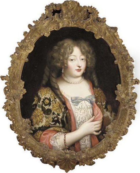 Portrait Of A Lady, Half-length,
 In Pearl Drop Earrings, A Pearl Necklace And A Lace Dress With A Blue 
Bow And A Brocade Wrap Oil Painting by Jacob Ferdinand Voet