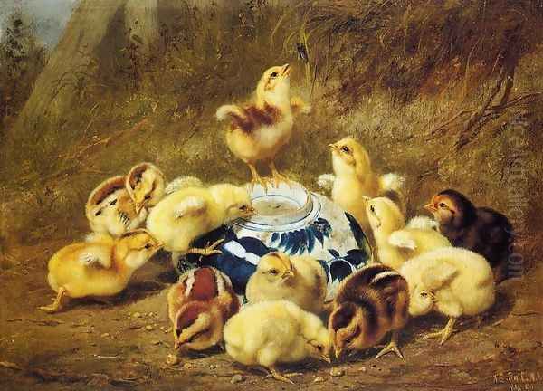 Chicks and Delft Bowl Oil Painting by Arthur Fitzwilliam Tait