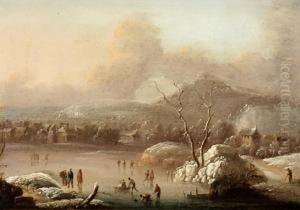 Winter Landscape With Figures In Theice Oil Painting by Johann Christian Vollerdt or Vollaert