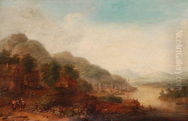 A Panoramic Landscape With Figures Byan Estuary Oil Painting by Johann Christian Vollerdt or Vollaert