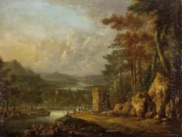 Weite Flusslandschaft Mitantikisierendem Monument Und Reitern Oil Painting by Johann Christian Vollerdt or Vollaert