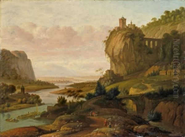 Flusslandschaft Mitburg Oil Painting by Johann Christian Vollerdt or Vollaert